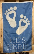 Gender Reveal Baby Flag FREE SHIP He  s Here Boy Parent Pregnant USA Sign 3x5