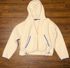 Women's Ivory/Blue Solid Fleece Pullover Hoodie Drawstring Pockets Size L
