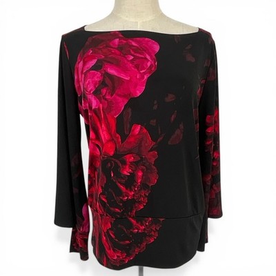 Clara Sunwoo Floral Boat Neck Tunic Top Black Pink Long Sleeve XS Made in USA