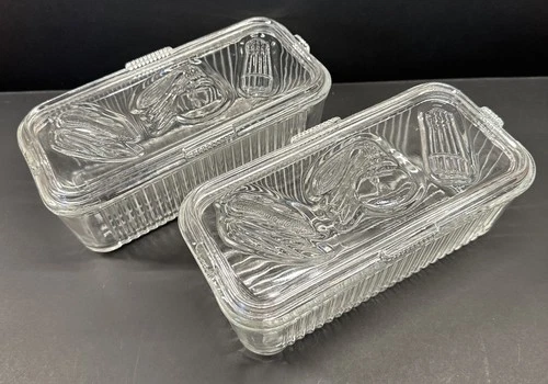 Vintage Federal Glass Refrigerator Dish & Lid Embossed Vegetables Ribbed Clear 2