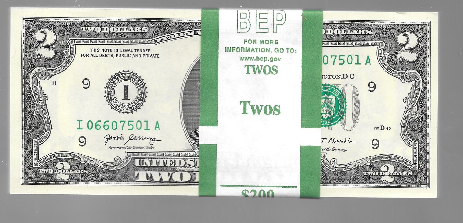 100 CONSECUTIVE 2017A $2 MINNEAPOLIS NOTES, CRISP UNCIRCULATED  FRN (IA BLOCK)