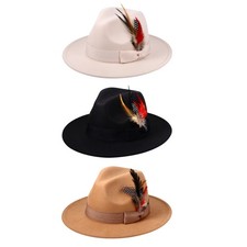 Men Women's Classic Wide Brim Feather Felt Fedora Jazz Hat Panama Trilby Cap