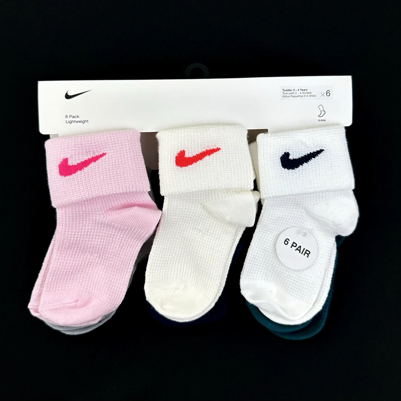 Nike Toddler 6 Pk Multicolor Ankle Polyester Waffle Knit Sock Set Sz 2-4 Yrs