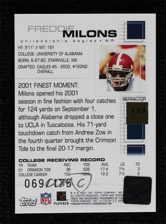 2002 Topps Finest Refractor /175 Freddie Milons #133 Rookie Auto RC - Image 2 of 2