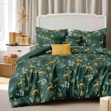 Queen Comforter Set, Green Christmas Elk Deer Gold Snowflake White Floral Lea...