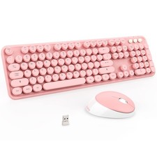 Pink White Wireless Keyboard and Mouse Combo Retro Round Keycaps 104 Key