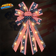 Large LED Patriotic Wreath Bow for Front Door Memorial Day Red Blue White Stars