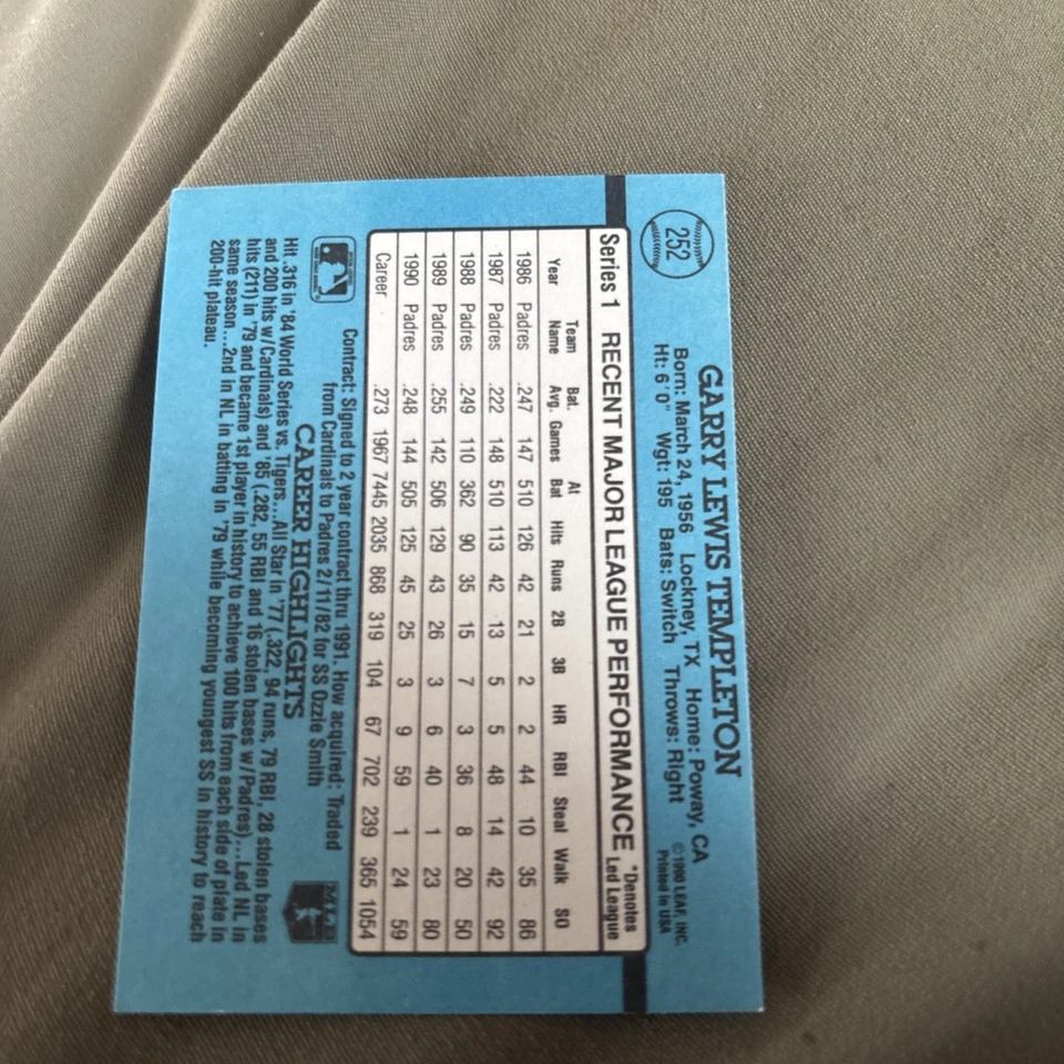 1991 Donruss - Garry Templeton #252 6 Purple Stripes on Right Border - Image 2 of 2