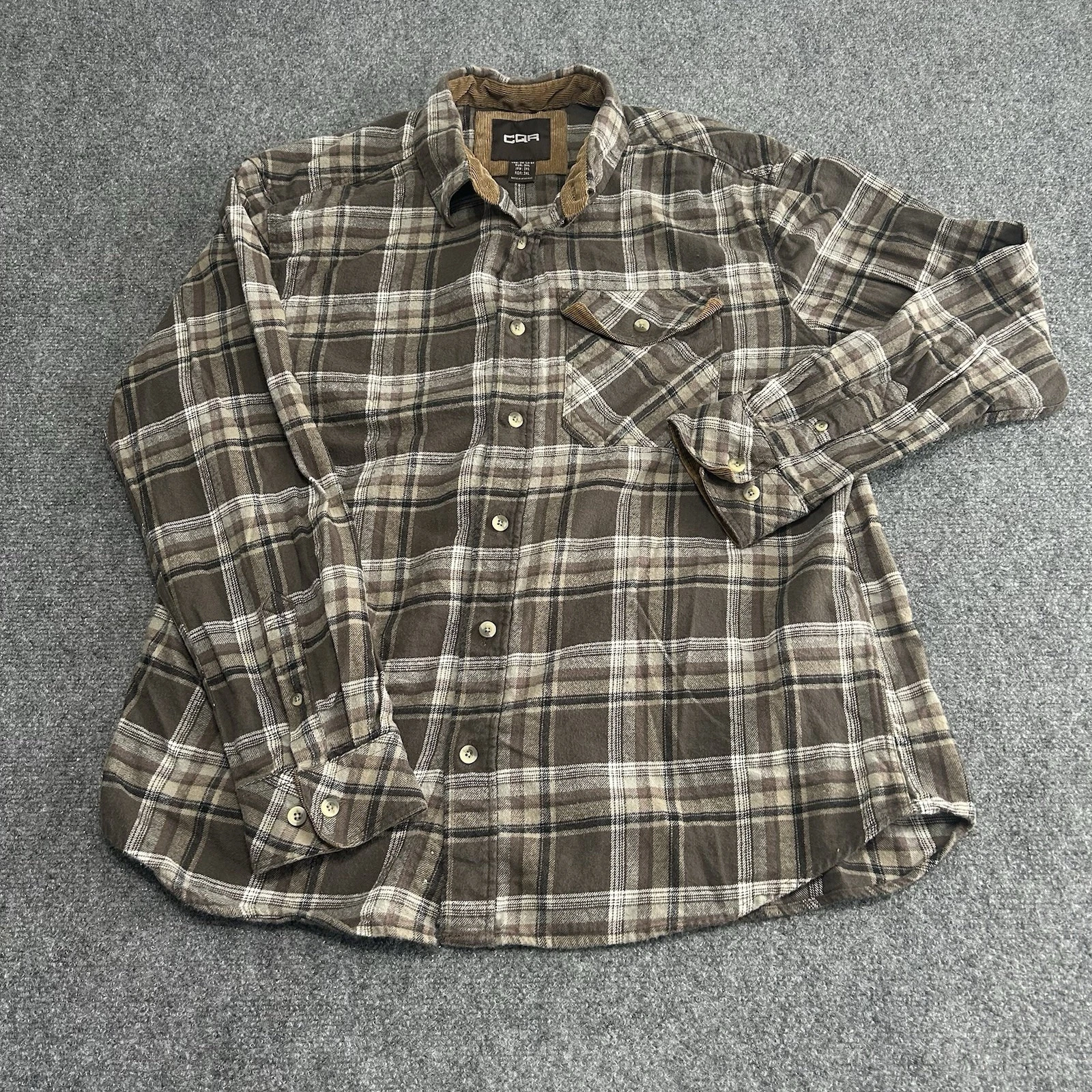 CQR Flannel Shirt Mens 2XL Plaid Tan Brown Corduroy Turn Up Cuffs Soft Outdoor