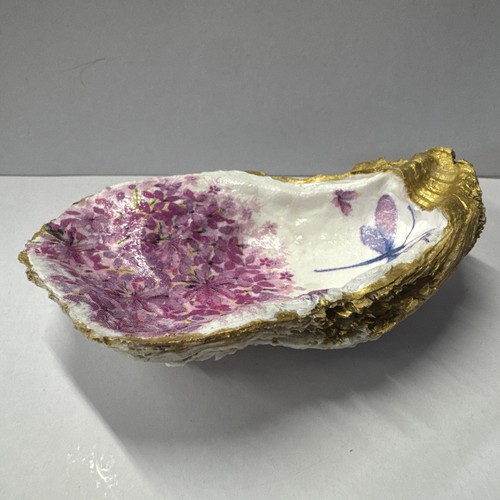 Handmade Oyster Shell  Trinket Dish Dragonfly And Floral Inspired - Picture 3 of 4