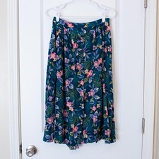 Tropical VTG Crinkle Teal Pink Floral Midi Skirt Button Front Soft Summer