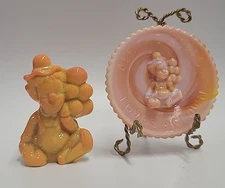 Vtg Mosser Glass Pee Wee Clown End Pumpkin w. Matching All the World Plate Glows
