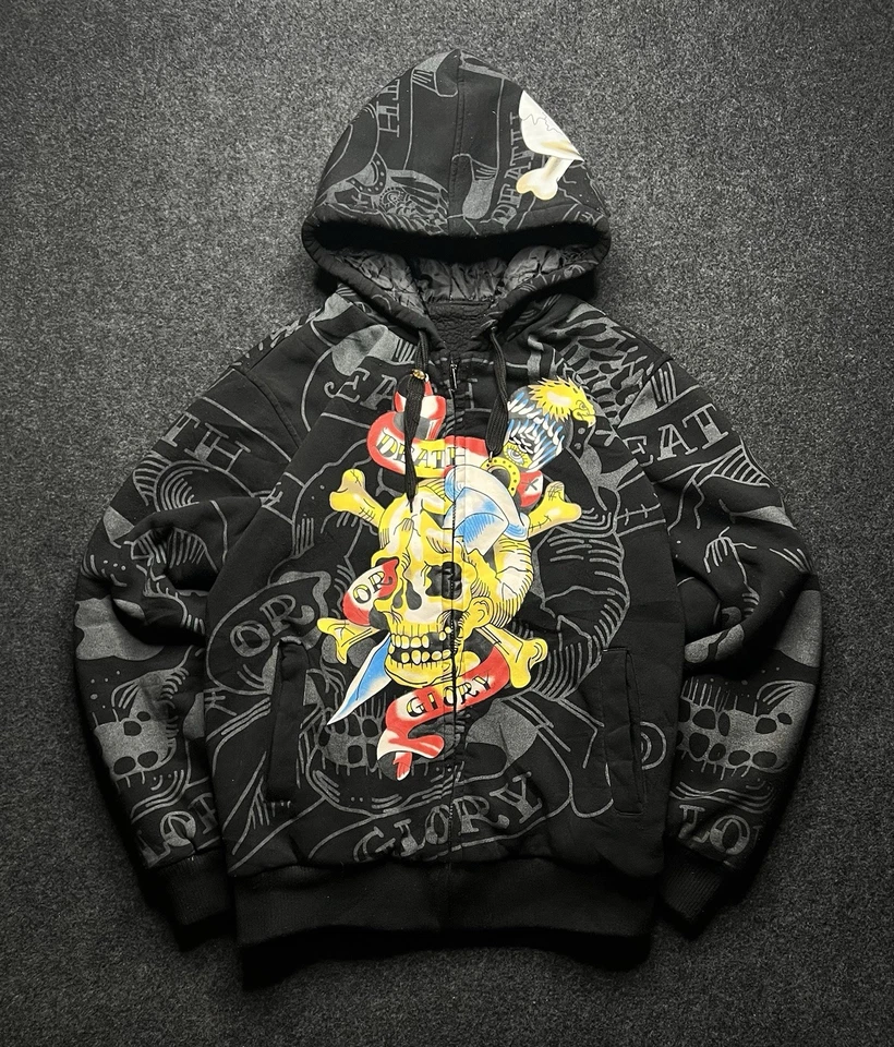 De Colección Drill Ed Hardy Estilo Y2k 'Muerte o Gloria' Cremallera Sudadera con Capucha Chaqueta Hombres Talla M Foto 2 de 4