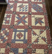 VTG Handmade Patchwork Quilt Geometric Stitched Floral Throw Cottage 80" x 94"