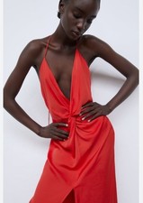 Zara Spain Red Satin Lingerie Slip Midi Dress Knotted Blogger Favorite NWT Sz M