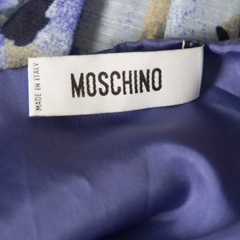 Abito Moschino blu floreale stampato lino seta barca collo a turni S