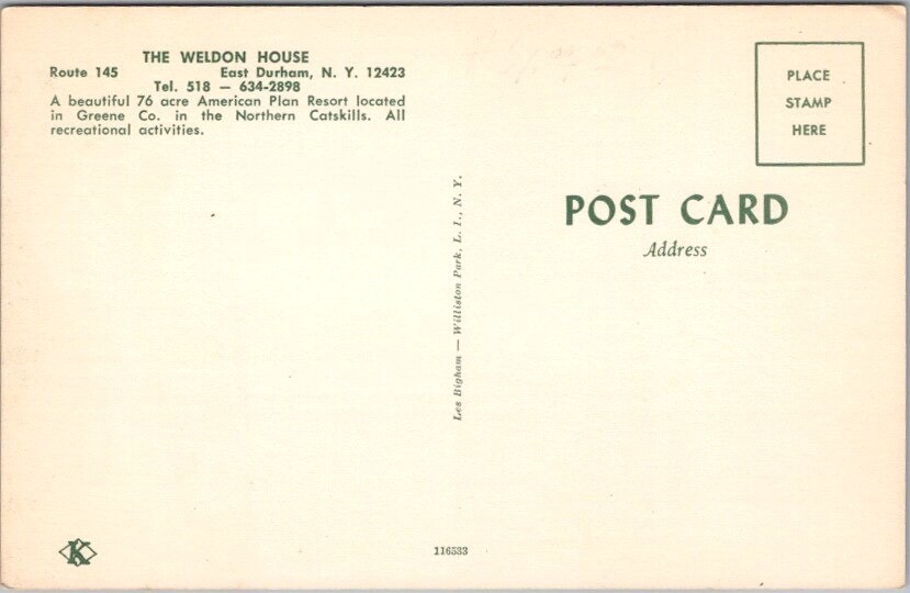 c1960s East Durham, New York Postcard "THE WELDON HOUSE" Motel / Pool