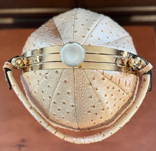 Ostrich Embossed Round Satchel w/Strap Two Compartments Faux-Jewel Latch Closure - Picture 6 of 12