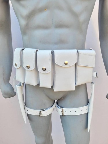 Punisher white leather belt with 1 gun holster, Knife holster and 6 pouches - Picture 2 of 15