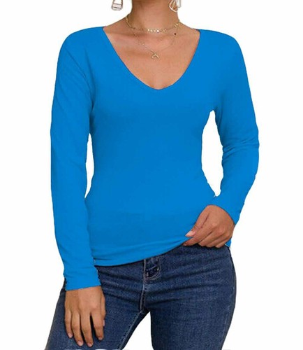 Neu schlichtes langärmeliges Damen-T-Shirt Freizeit Jersey dehnbar V-Ausschnitt Basic T-Shirt Top - Bild 13 von 18