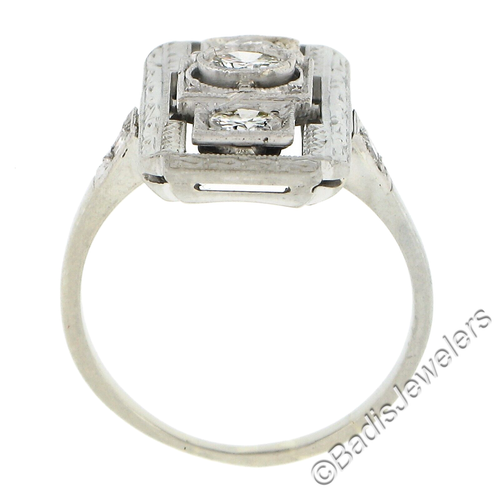 Antique Edwardian 18K Gold 0.43ctw Old Diamond Etched Rectangular Dinner Ring - Picture 8 of 8