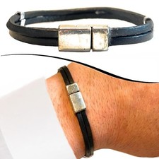 Bracciale in pelle da uomo braccialetto cuoio nero punk surf biker a 2 fili