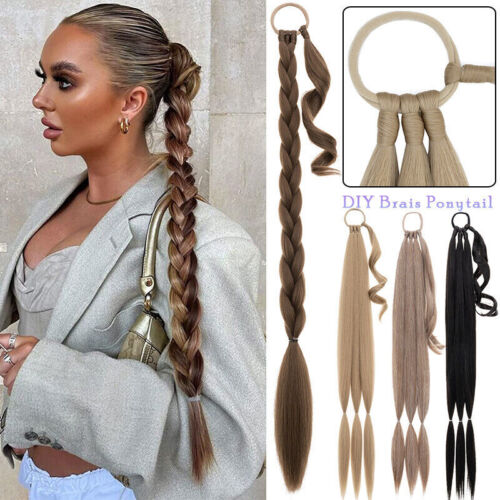 Real Tie Straight Wrap Around Hair Braided Ponytail Extension Rubber Band Long - Picture 1 of 16