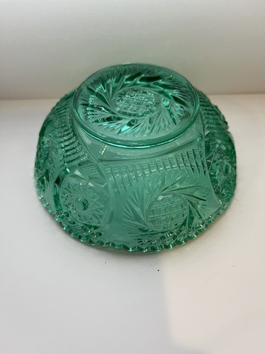 Vintage FENTON Spruce Green Glass Starburst & Tree Pattern Rosebowl Glows! - Picture 6 of 7