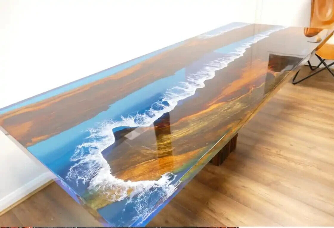 Handmade Ocean Epoxy Resin Dining Table with Blue Decor