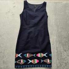 Talbots Dress 4 Blue Sequin Embroidered Fish Sleeveless Sheath Nautical Coastal