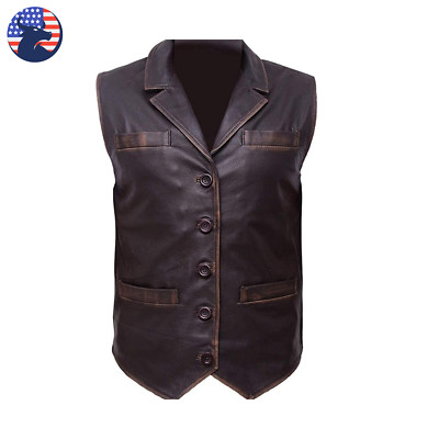 Mens Distressed Brown Leather Biker Vest Vintage Motorcycle Waistcoat Riding 80s
