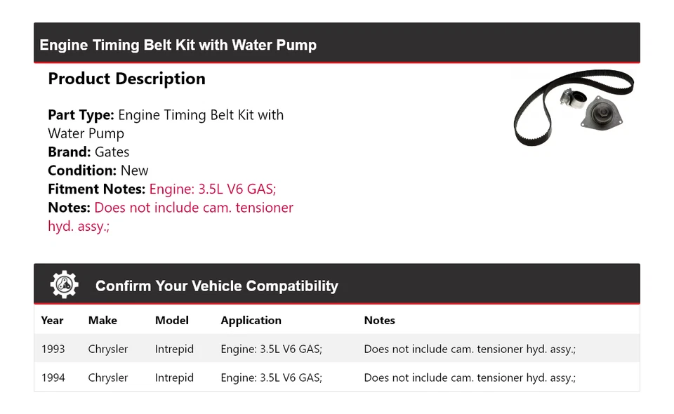 Kit de correa de distribución de motor Chrysler Intrepid 1993-1994 con puertas de bomba de agua Foto 2 de 4