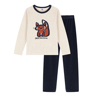 Petit Bateau Pyjama Schlafanzug beige blau mit Eichhörnchen Motiv Gr. 3-12 Jahre