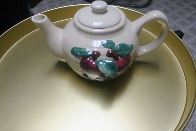 Stoneware Teapot With 3D Raised Red Apples Beige red green glossy shine 
