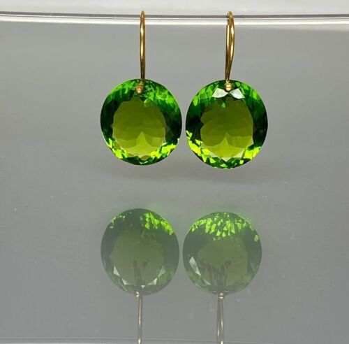 Round Cut Peridot Earring, 14k Solid Gold Drop Dangle Big Stone Earring Gifted - Picture 4 of 6