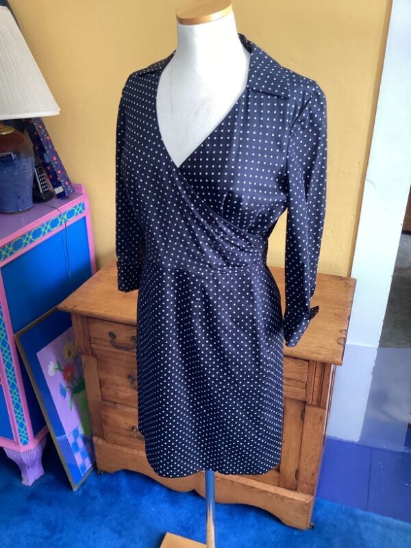ann taylor blue wrap dress Petite Polka Dot Dress-EUC-Navy-4P-Cotton-Lined BTS 9/21/24