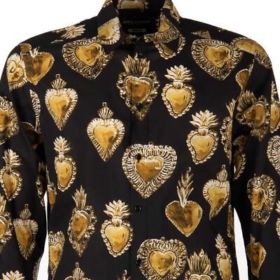 Dolce & Gabbana Martinin Sacred Heart Cotton Shirt Black Gold