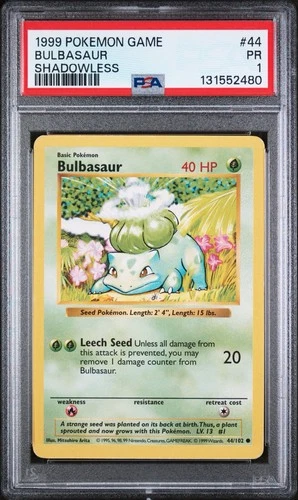 1999 POKEMON BASE SET SHADOWLESS #44/102 BULBASAUR PSA 1 (B)