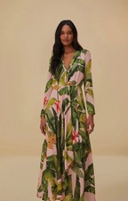 Farm Rio Banana Leaves Pink Maxi Dress Size L AU 16 US 12 BNWT Flowy Cocktail