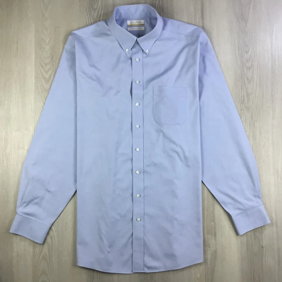 Camisa Roundtree Yorke Para Hombre 17 1/2 37 Alta Azul Dorado Etiqueta Pinpoint Manga Larga Foto 2 de 4