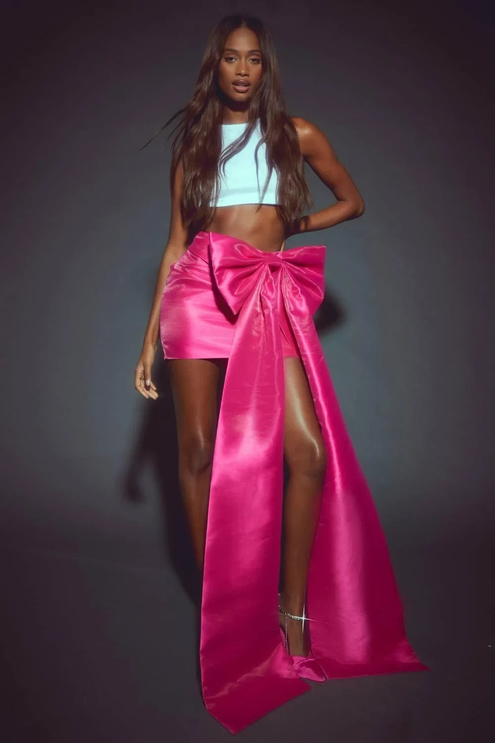 Women's Pink Premium Structured Bow Draped Satin Mini Skirt b 13