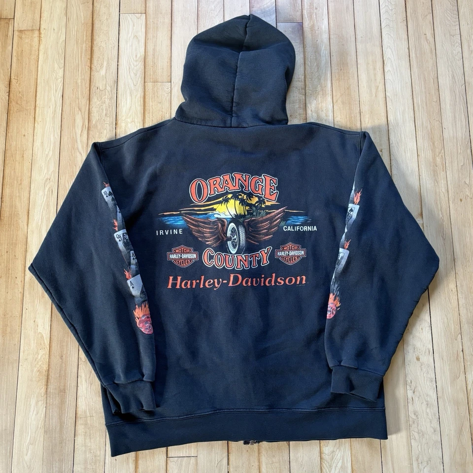 VTG 90s Harley Davidson Full Zip Hoodie Sweatshirt 1997 Size M Flame Sleeve RARE - Image 2 of 4