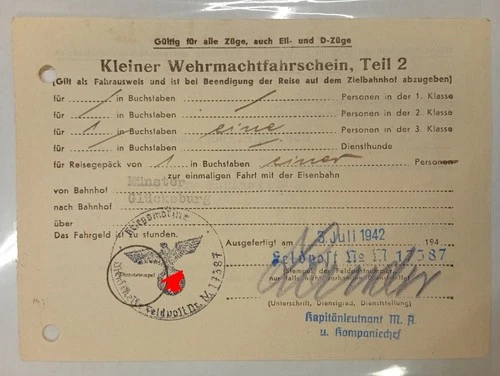 An Original 1942 German World War 2 " WEHRMACHTFAHRSCHEIN " military Travel Pass