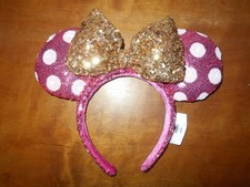 Disney Parks Minnie Mouse Hot Pink White Polka Dot Gold Bow Sequin Ears Headband