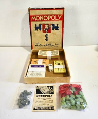 Parker Brothers Monopoly Vintage 1935 Game Set w/ Box, Money, Tokens, No Board - Photo 1/4