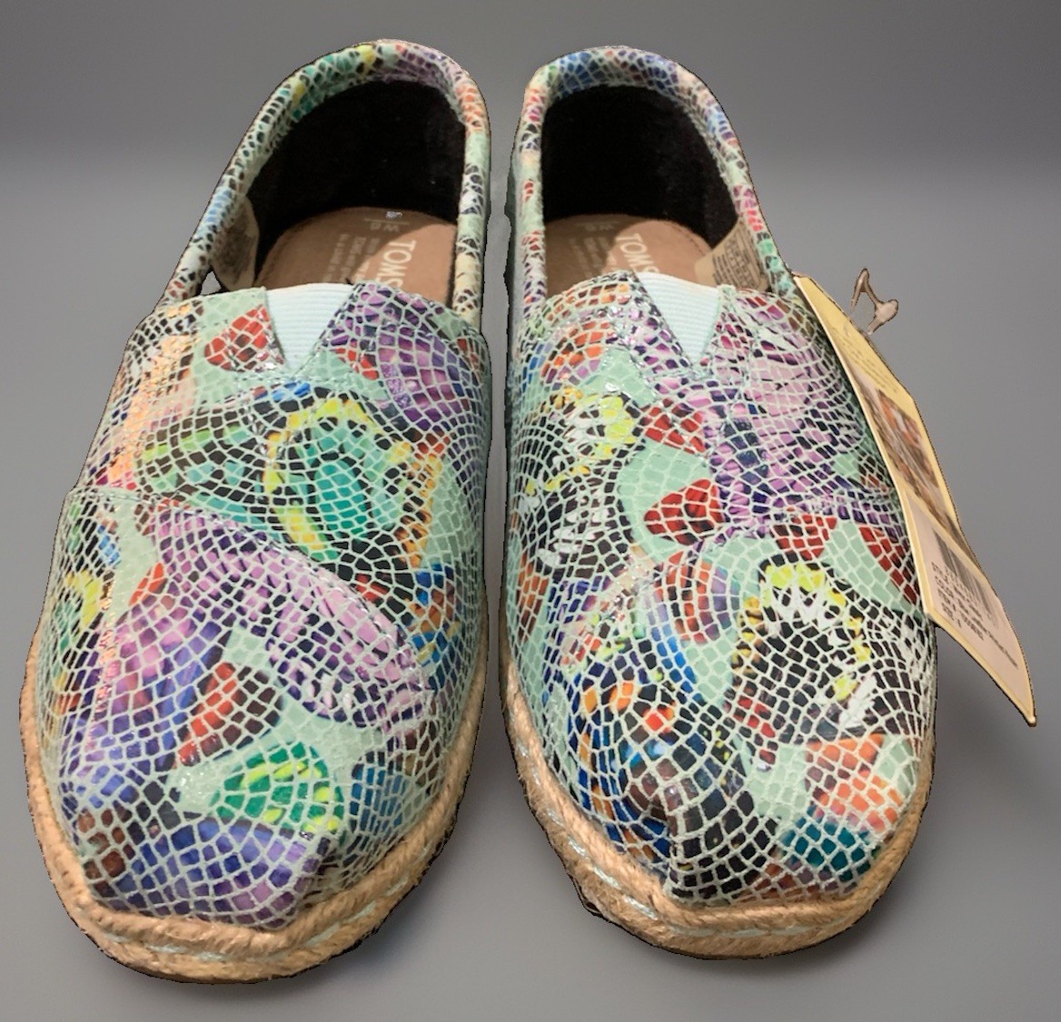 Tan Mosaic Pattern TOMS Classic Leather Flats Womens 6 Blue Leather Printed Mosaic ...