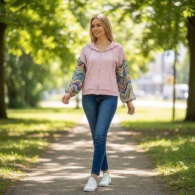 Baea Pink Waffle Knit Geometric Sleeve Zip Up Hoodie Women's Medium Boho Y2K