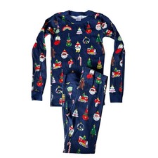 HANNA ANDERSSON Christmas Ornaments Long John Pajama Set Sz 10 140 Blue Santa