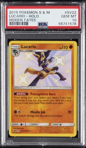 2019 POKEMON SUN & MOON HIDDEN FATES #SV22 LUCARIO-HOLO PSA 10