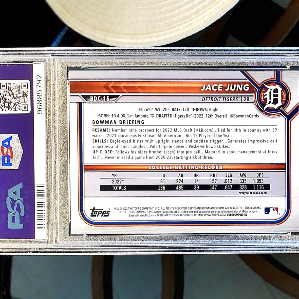 💥/10!💥 Jace Jung - 1st BOWMAN - 2022 Bowman Draft Sapphire Purple /10 - PSA 10 view 3